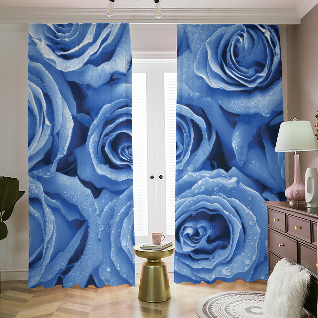 Bright Blue Rose Print Blackout Pencil Pleat Curtains
