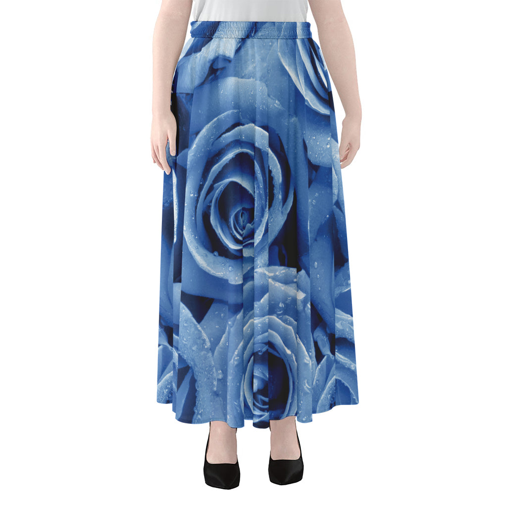 Bright Blue Rose Print Chiffon Maxi Skirt