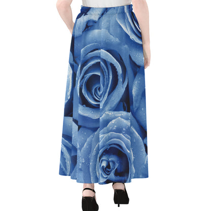 Bright Blue Rose Print Chiffon Maxi Skirt