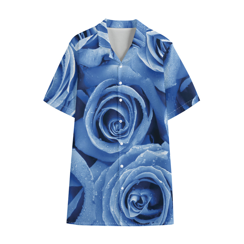 Bright Blue Rose Print Cotton Hawaiian Shirt