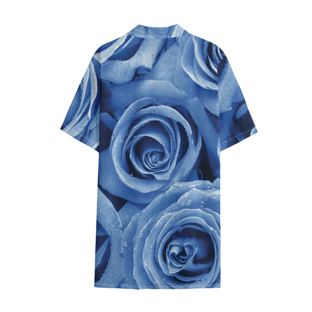 Bright Blue Rose Print Cotton Hawaiian Shirt