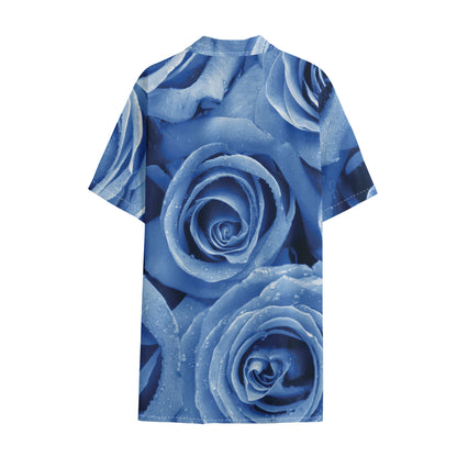 Bright Blue Rose Print Cotton Hawaiian Shirt
