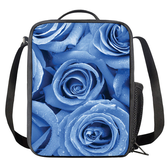 Bright Blue Rose Print Crossbody Lunch Bag