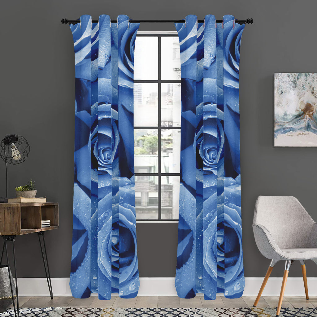 Bright Blue Rose Print Curtain