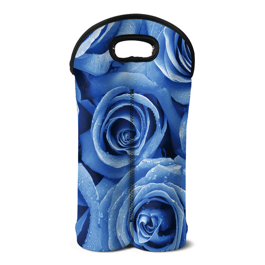Bright Blue Rose Print Double Neoprene Wine Tote