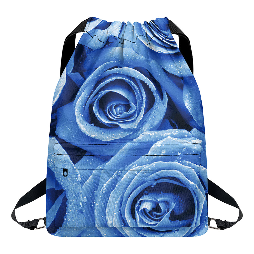 Bright Blue Rose Print Drawstring Backpack