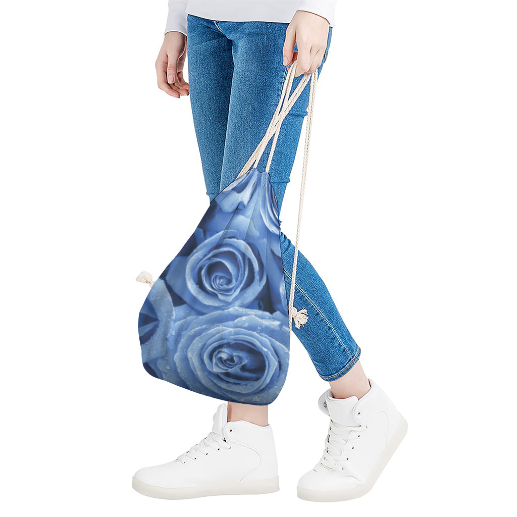 Bright Blue Rose Print Drawstring Bag