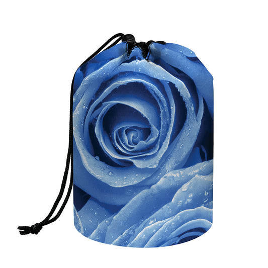 Bright Blue Rose Print Drawstring Makeup Bag