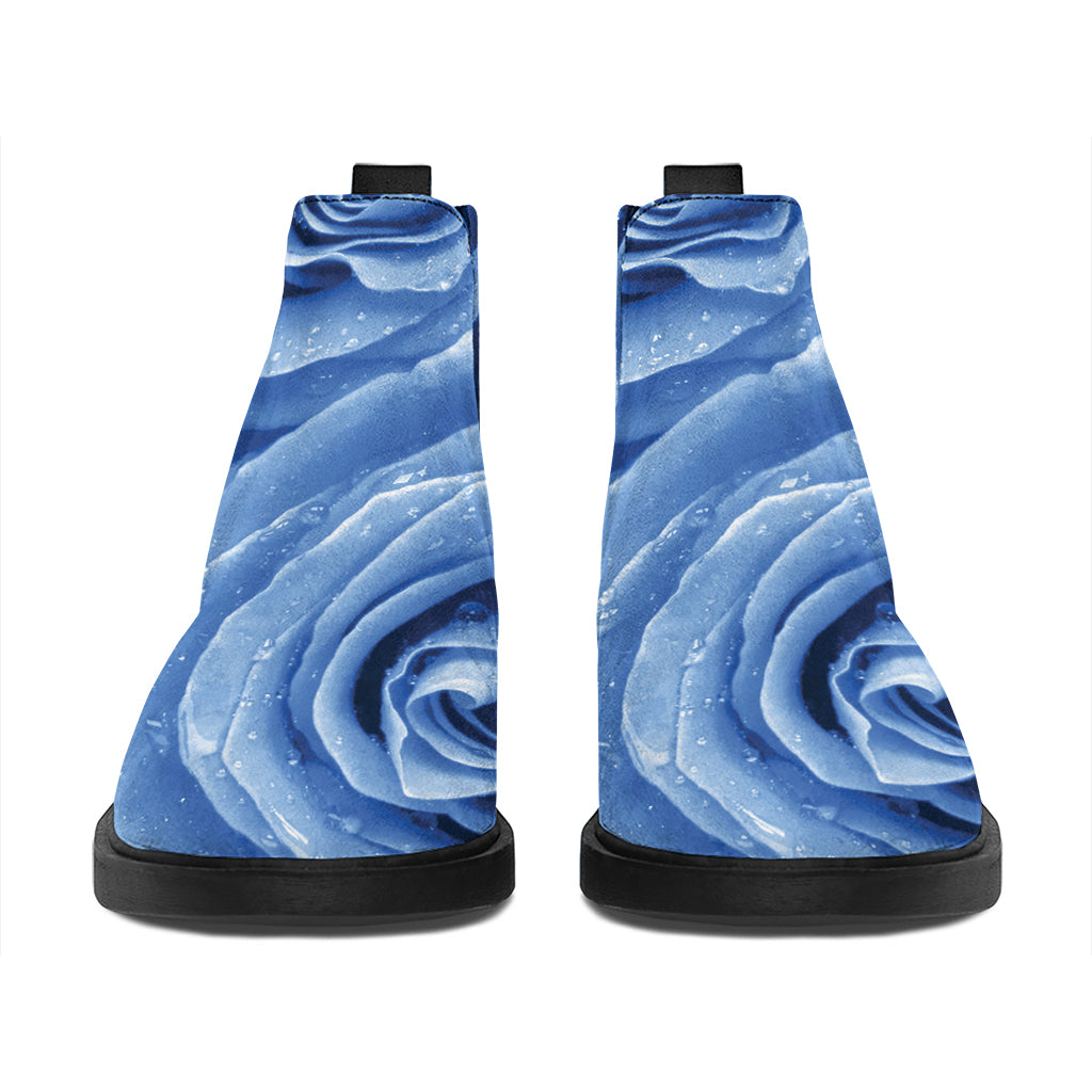 Bright Blue Rose Print Flat Ankle Boots