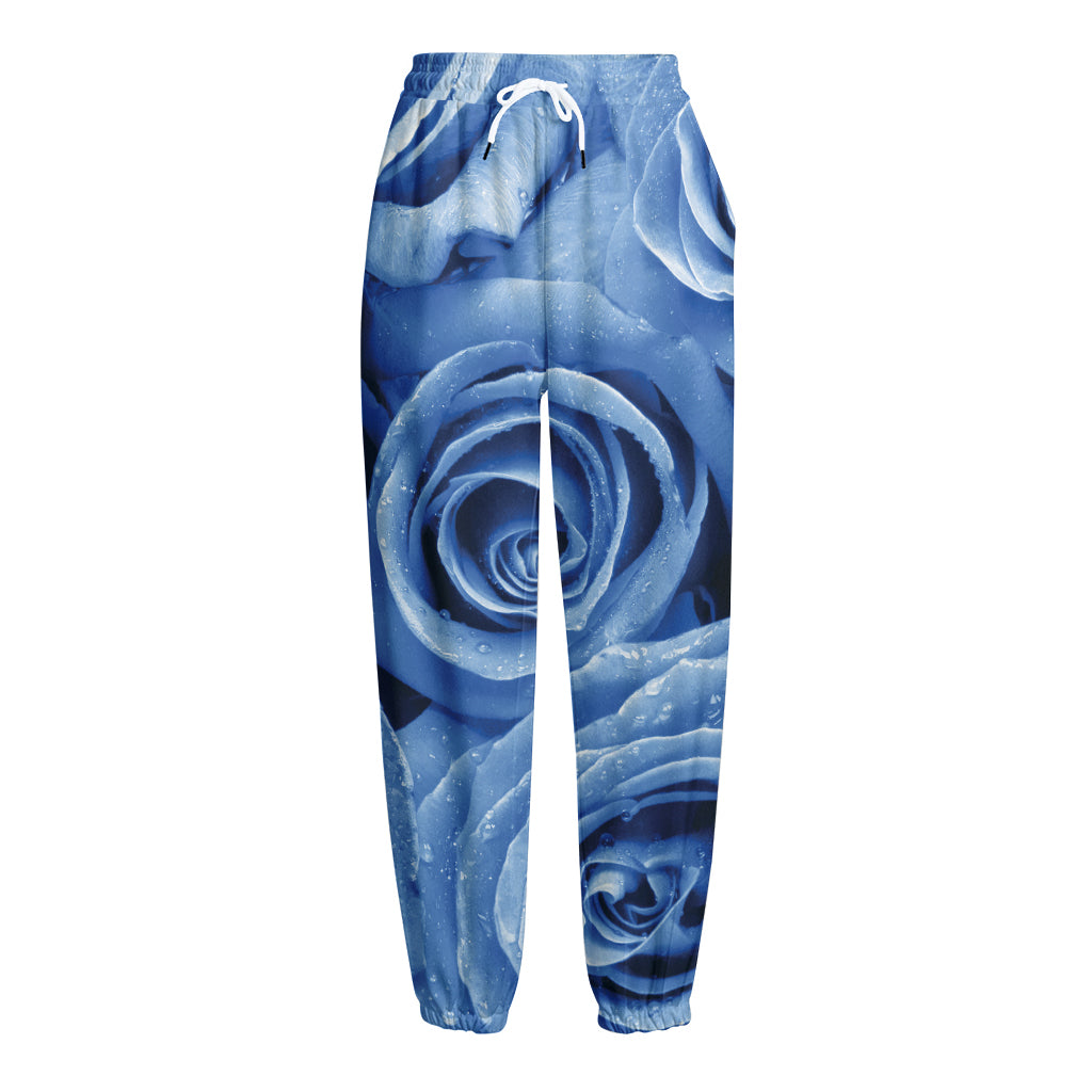 Bright Blue Rose Print Fleece Lined Knit Pants