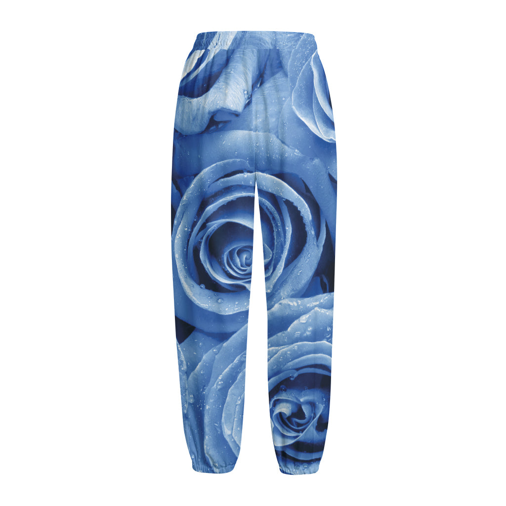 Bright Blue Rose Print Fleece Lined Knit Pants