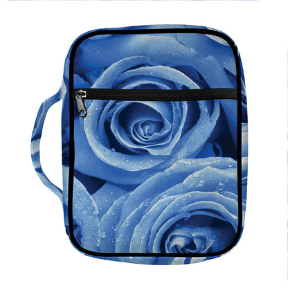 Bright Blue Rose Print Front Pocket Bible Bag