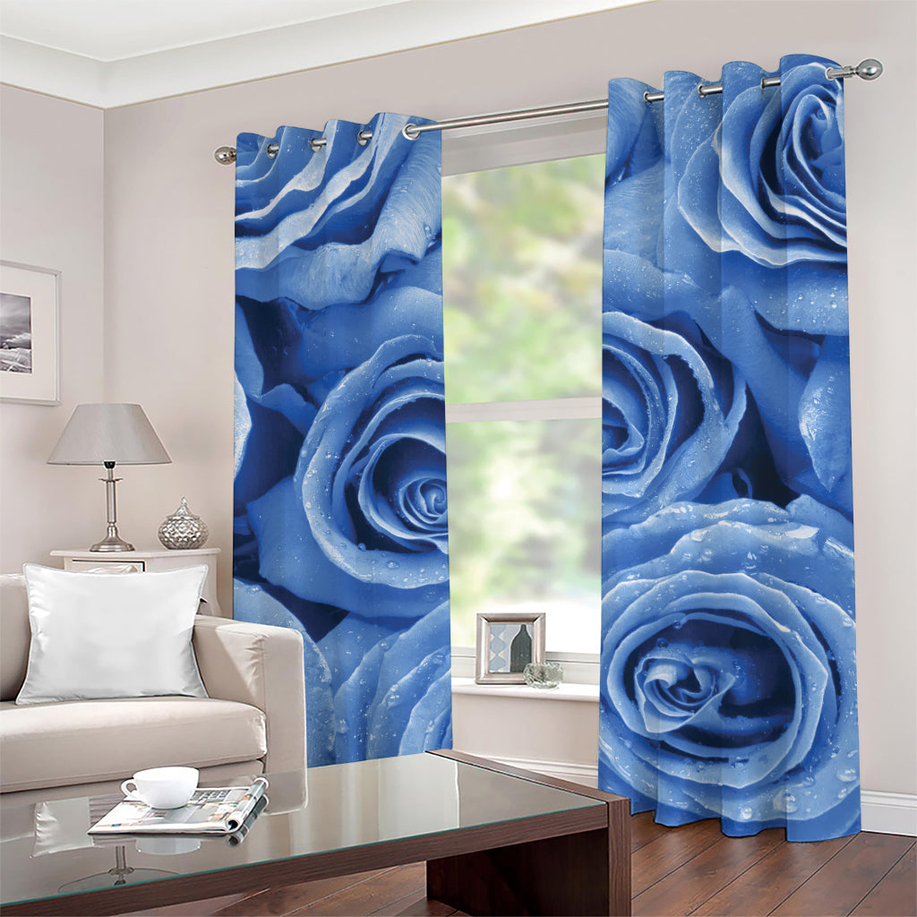 Bright Blue Rose Print Grommet Curtains