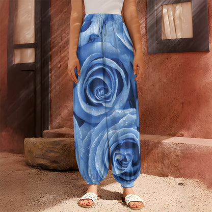 Bright Blue Rose Print Harem Pants