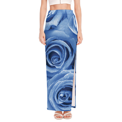 Bright Blue Rose Print High Slit Maxi Skirt