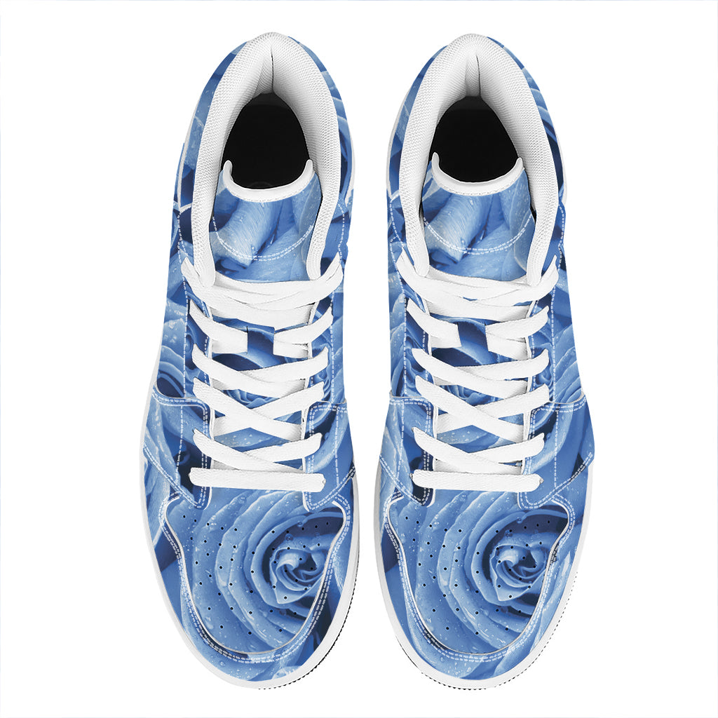 Bright Blue Rose Print High Top Leather Sneakers