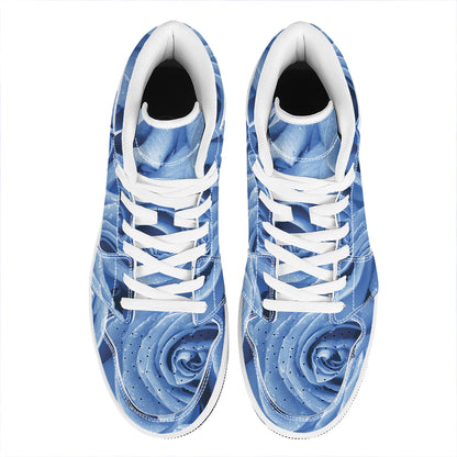 Bright Blue Rose Print High Top Leather Sneakers