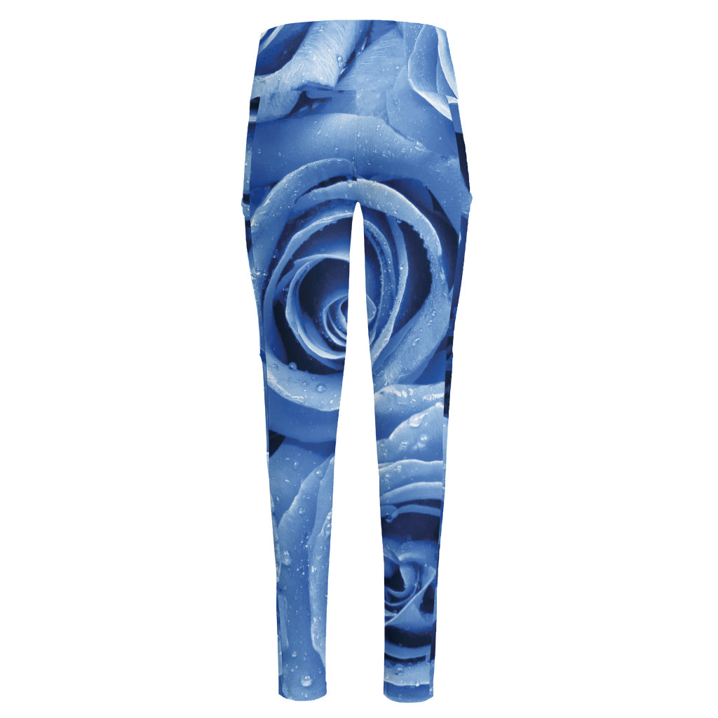 Bright Blue Rose Print High-Waisted Pocket Leggings