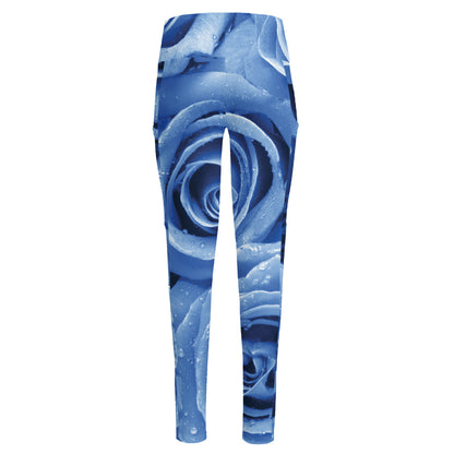 Bright Blue Rose Print High-Waisted Pocket Leggings