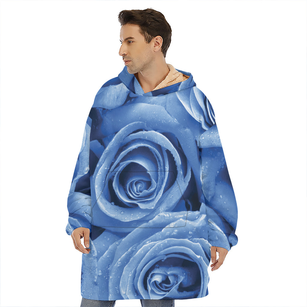 Bright Blue Rose Print Hoodie Blanket GearFrost