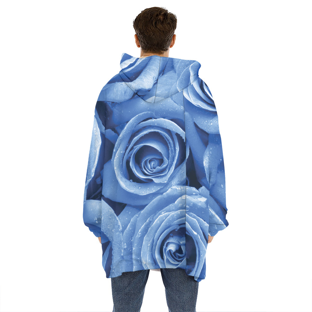 Bright Blue Rose Print Hoodie Blanket