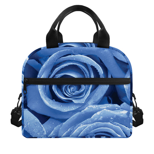 Bright Blue Rose Print Insulated Lunch Bag