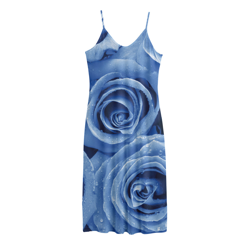 Bright Blue Rose Print Jersey Midi Cami Dress