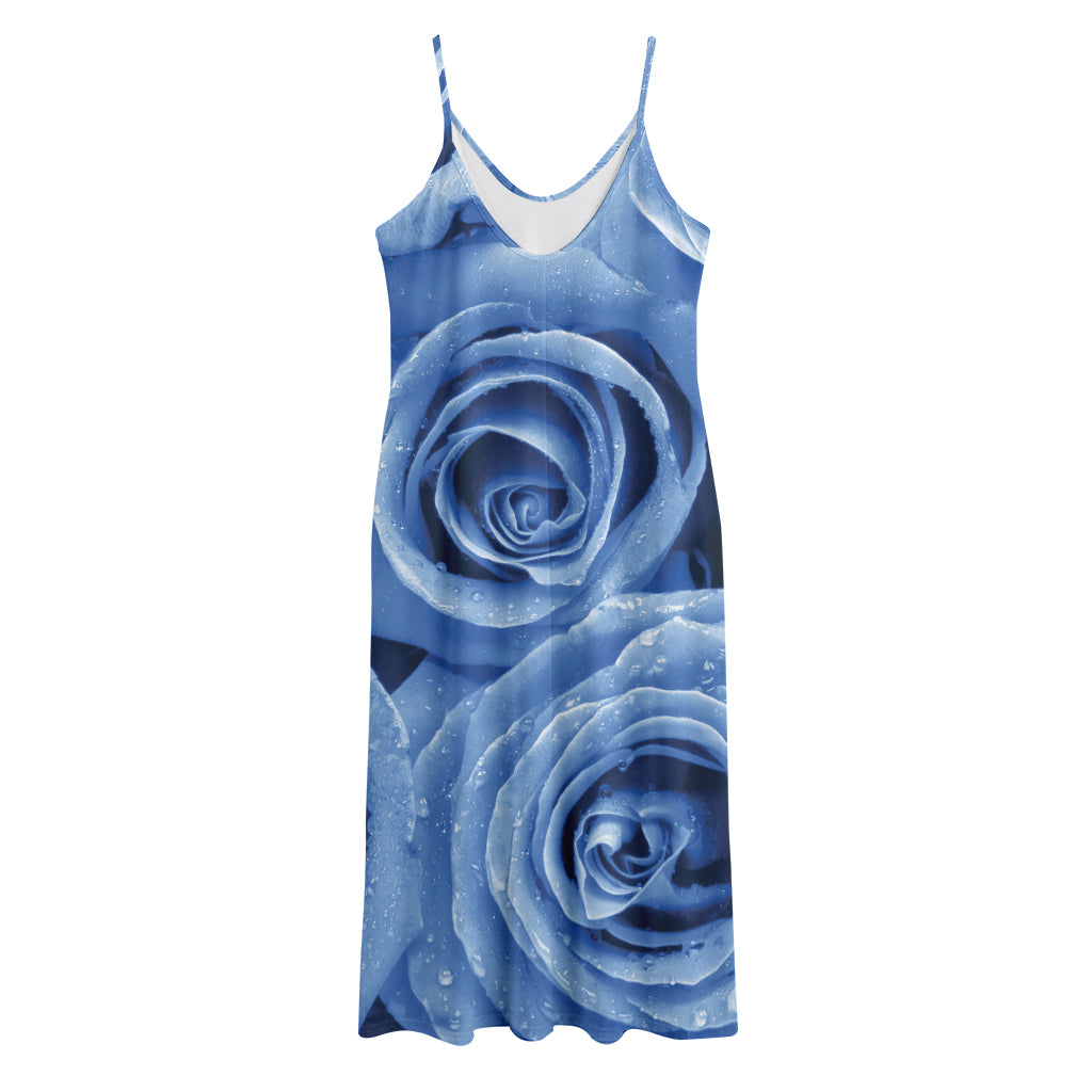 Bright Blue Rose Print Jersey Midi Cami Dress