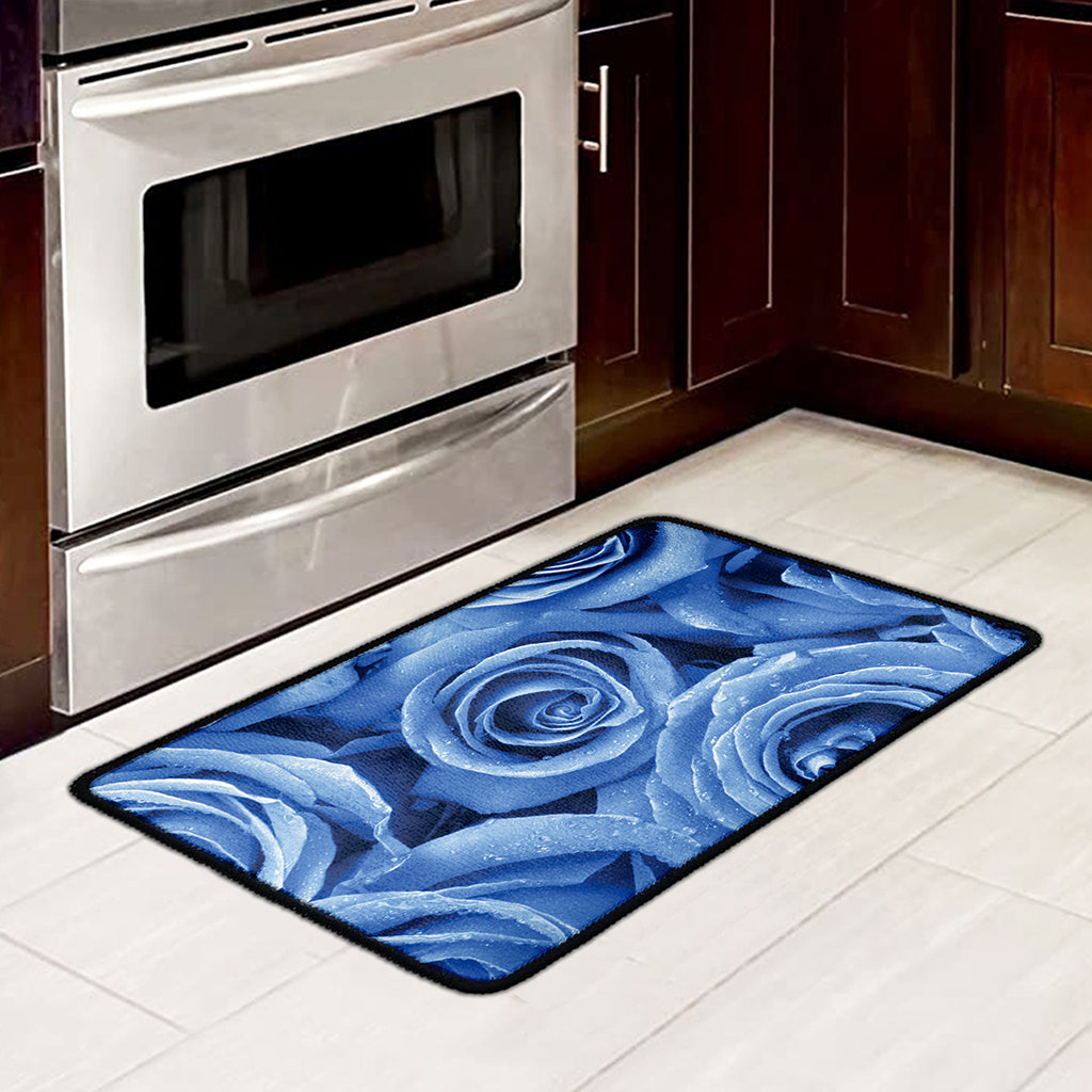Bright Blue Rose Print Kitchen Mat