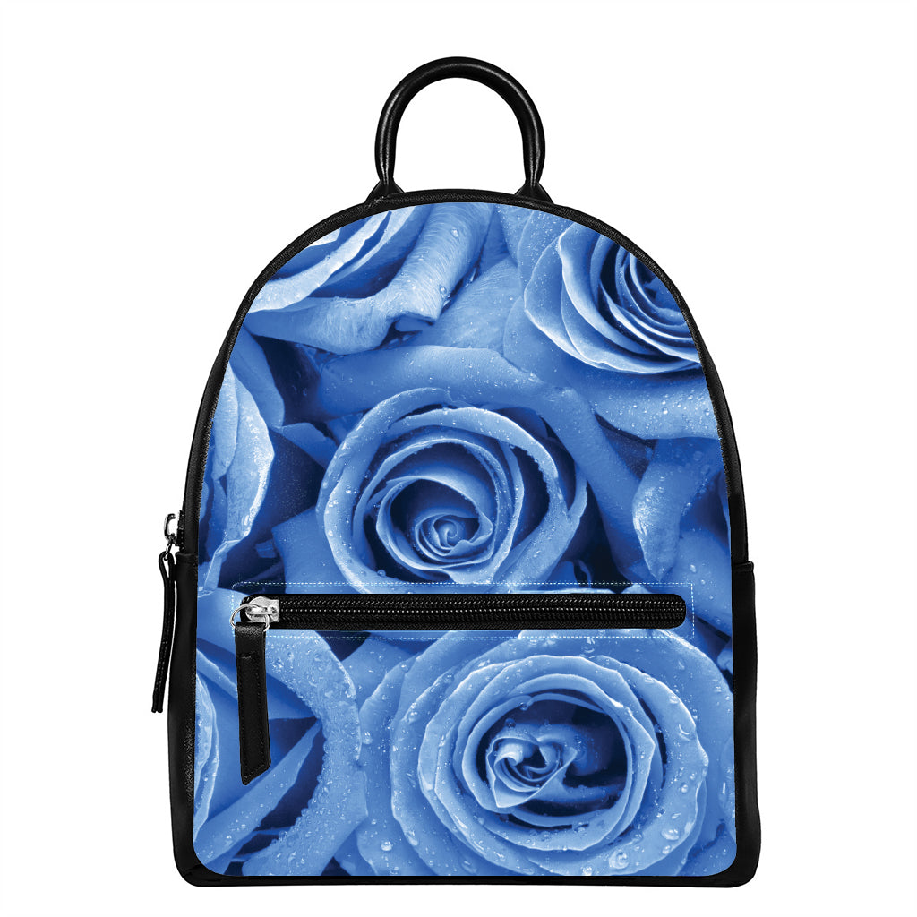 Bright Blue Rose Print Leather Backpack