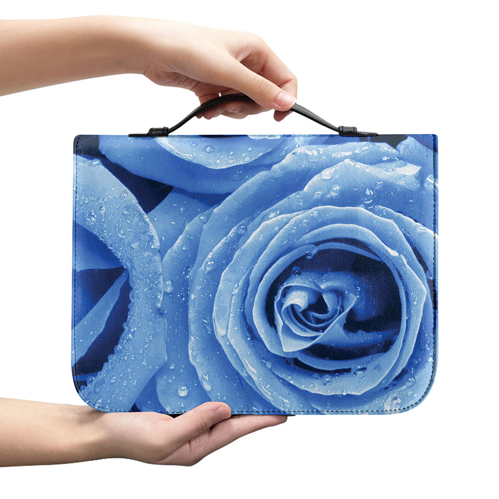 Bright Blue Rose Print Leather Bible Cover