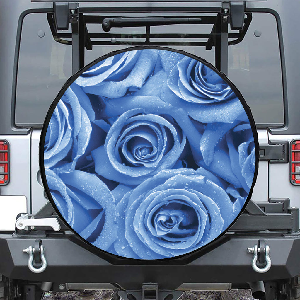 Bright Blue Rose Print Leather Spare Tire Cover