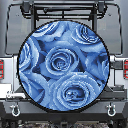Bright Blue Rose Print Leather Spare Tire Cover