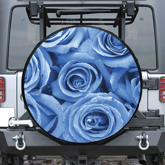 Bright Blue Rose Print Leather Spare Tire Cover
