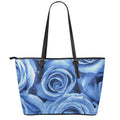 Bright Blue Rose Print Leather Tote Bag With Zipper