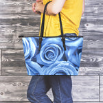 Bright Blue Rose Print Leather Tote Bag