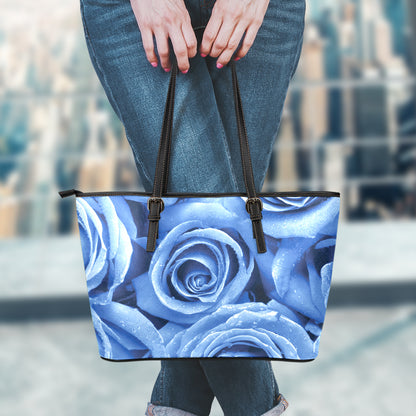 Bright Blue Rose Print Leather Tote Bag