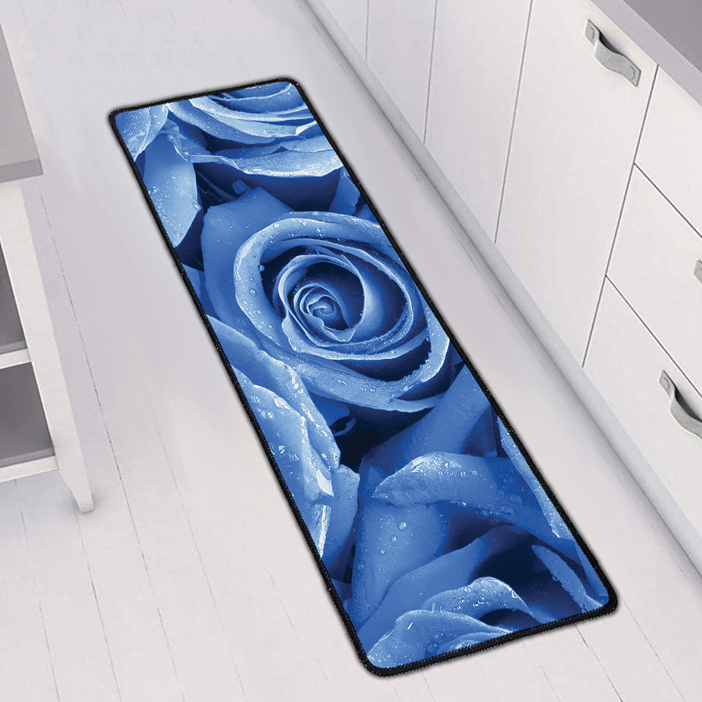Bright Blue Rose Print Long Kitchen Mat
