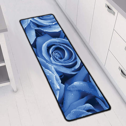 Bright Blue Rose Print Long Kitchen Mat