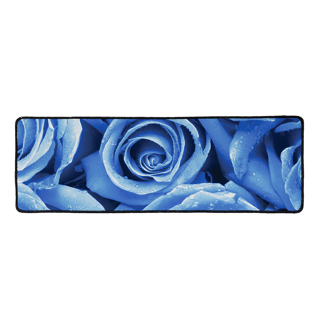 Bright Blue Rose Print Long Kitchen Mat