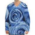 Bright Blue Rose Print Long Sleeve Baseball Jersey