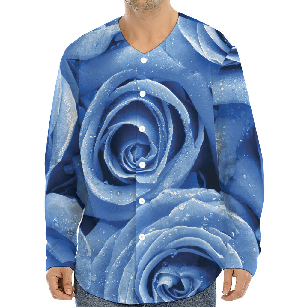 Bright Blue Rose Print Long Sleeve Baseball Jersey