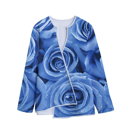 Bright Blue Rose Print Long Sleeve Short Coat
