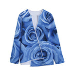 Bright Blue Rose Print Long Sleeve Short Coat