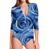 Bright Blue Rose Print Long Sleeve Swimsuit
