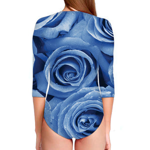 Bright Blue Rose Print Long Sleeve Swimsuit