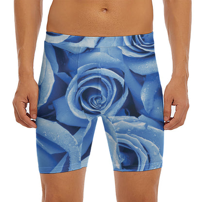 Bright Blue Rose Print Men's Long Boxer Briefs