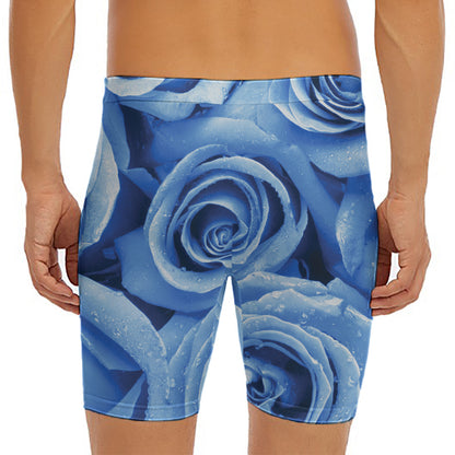 Bright Blue Rose Print Men's Long Boxer Briefs