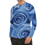 Bright Blue Rose Print Men's Long Sleeve Rash Guard