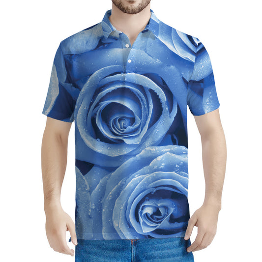 Bright Blue Rose Print Men's Polo Shirt